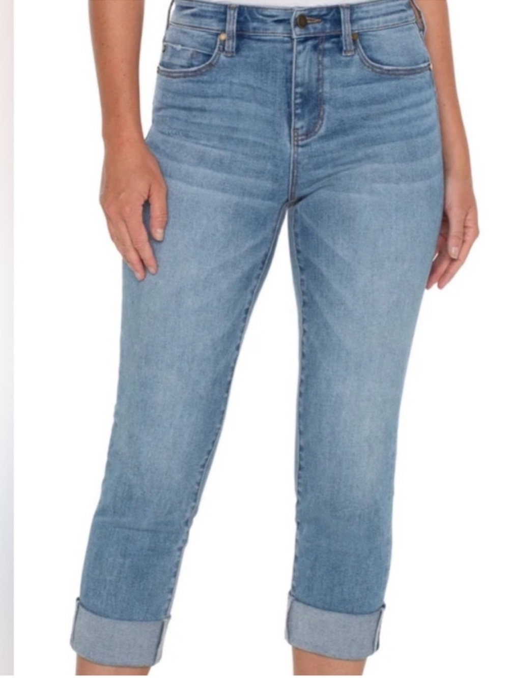 Liverpool Crop Wide Cuff Stretchy Light Wash Blue Jeans Mid Rise Size 6 - Picture 5 of 13